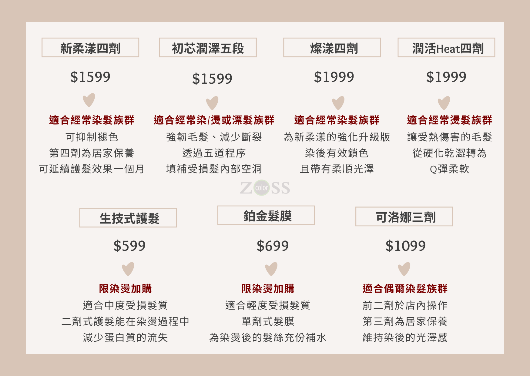 ZOSS美髮沙龍全護髮系列公開價目表